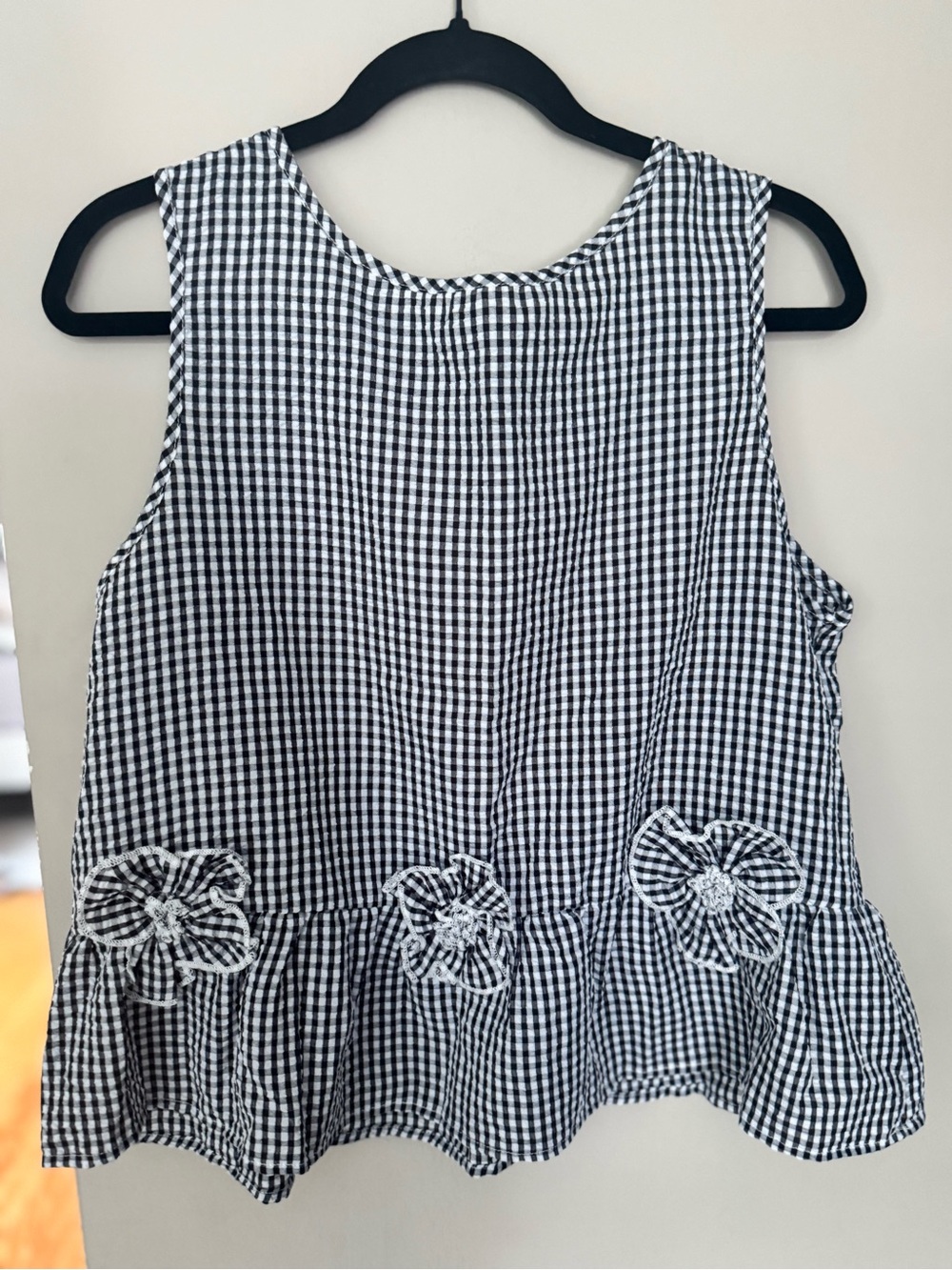 SHEIN Black & White Gingham Peplum Tank with Bow Accents